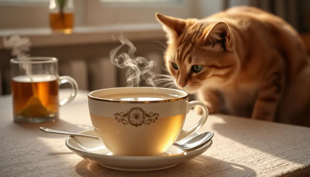 A cooling cup of chamomile tea with a cat sniffing it in the background.