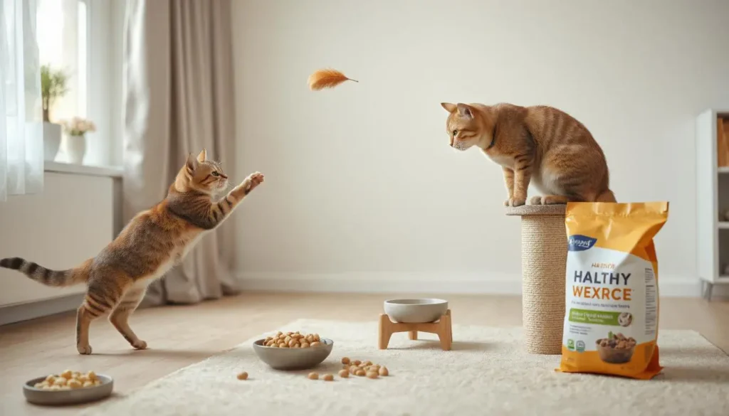 An active cat jumping for a feather toy, with another climbing a scratching post and healthy weight cat food nearby.