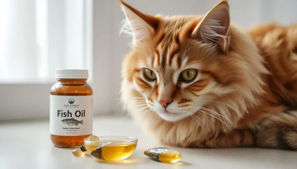 A cat with a shiny coat sitting near fish oil supplements, showcasing the benefits of Omega-3.