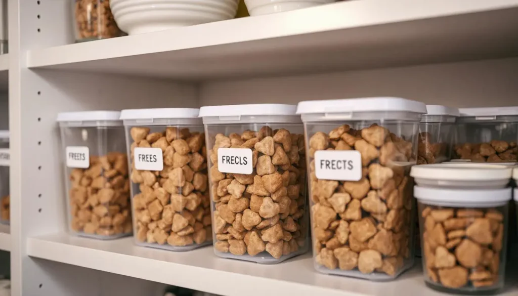 A pantry shelf with airtight containers holding freeze dried cat treats, showing proper storage methods.