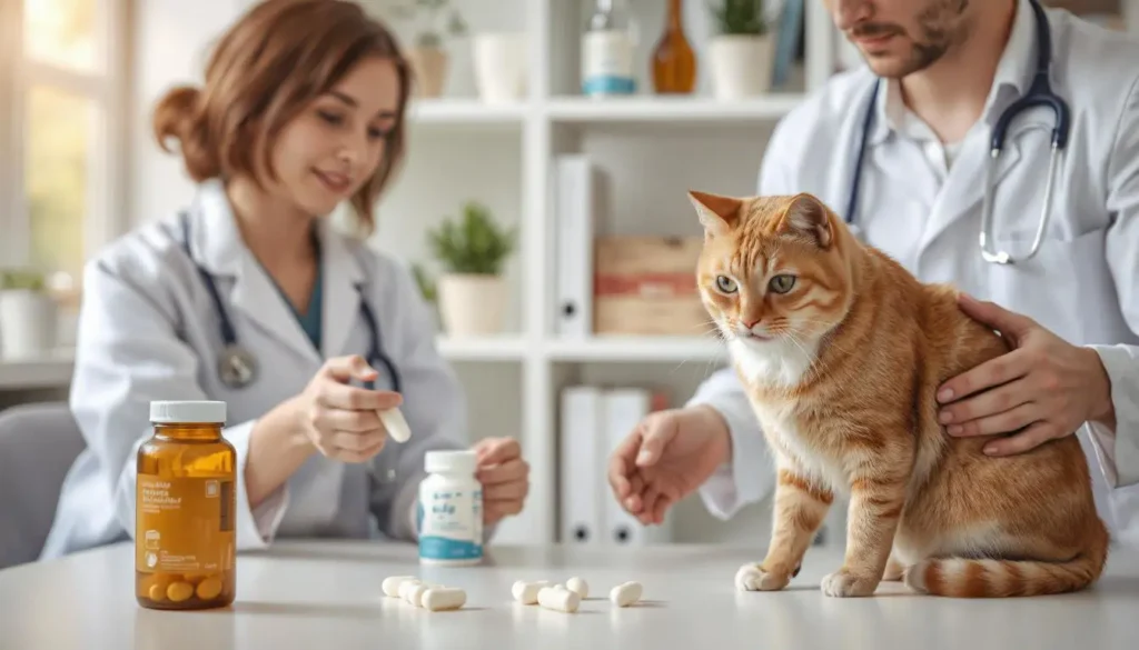 A cat with a veterinarian discussing Omega 3 supplement safety and dosage.