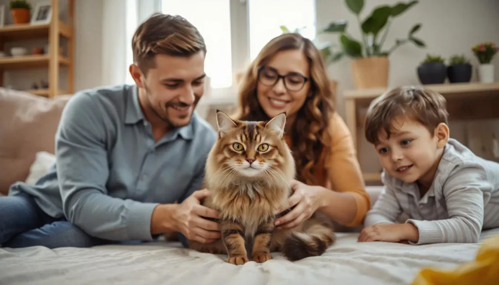 A family playing with a Balinese cat in a cozy home environment.