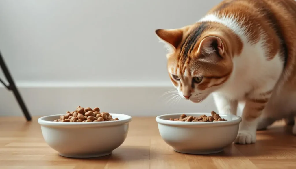 A cat exploring a bowl of homemade food while transitioning from commercial food.