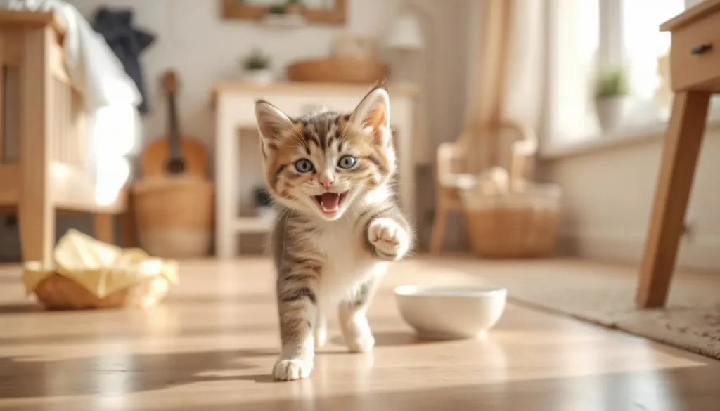 Kitten playing energetically with a shiny coat, reflecting the benefits of a raw food diet.