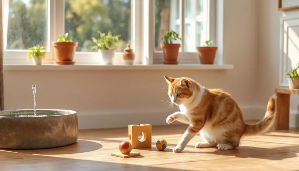 A playful cat surrounded by puzzle toys, a water fountain, and pots of fresh herbs growing on a sunny windowsill.