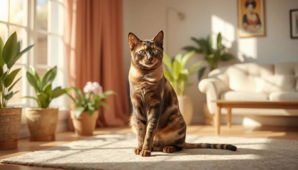 A tortoiseshell cat sitting in a sunlit living room with a blend of black, orange, and red fur.