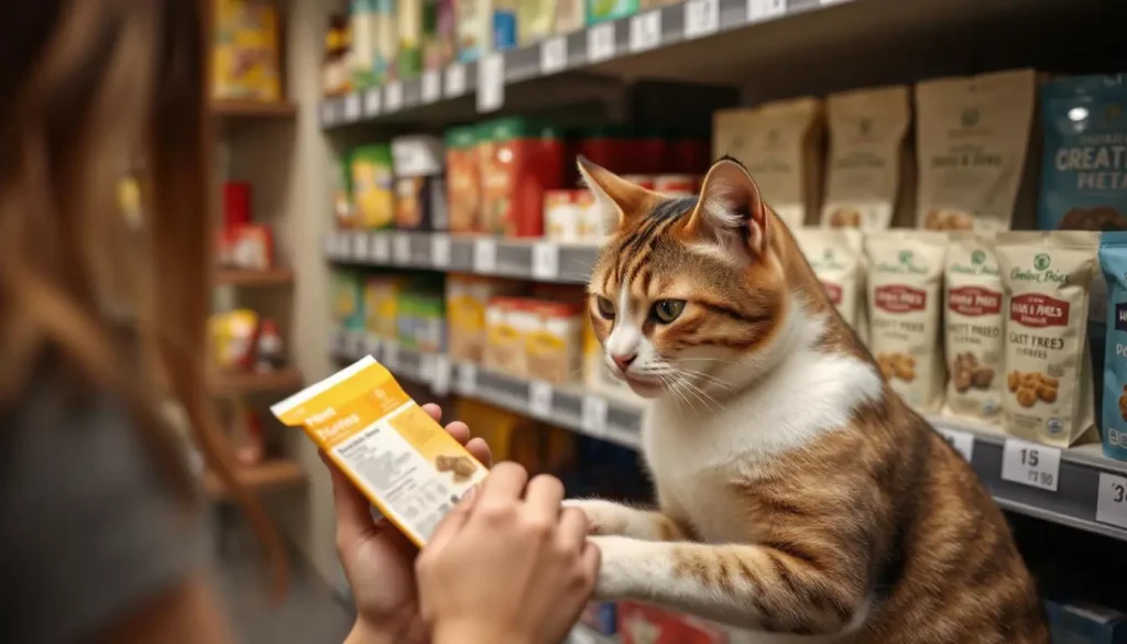 A cat owner selecting freeze dried cat treats in a pet store, inspecting ingredient labels.