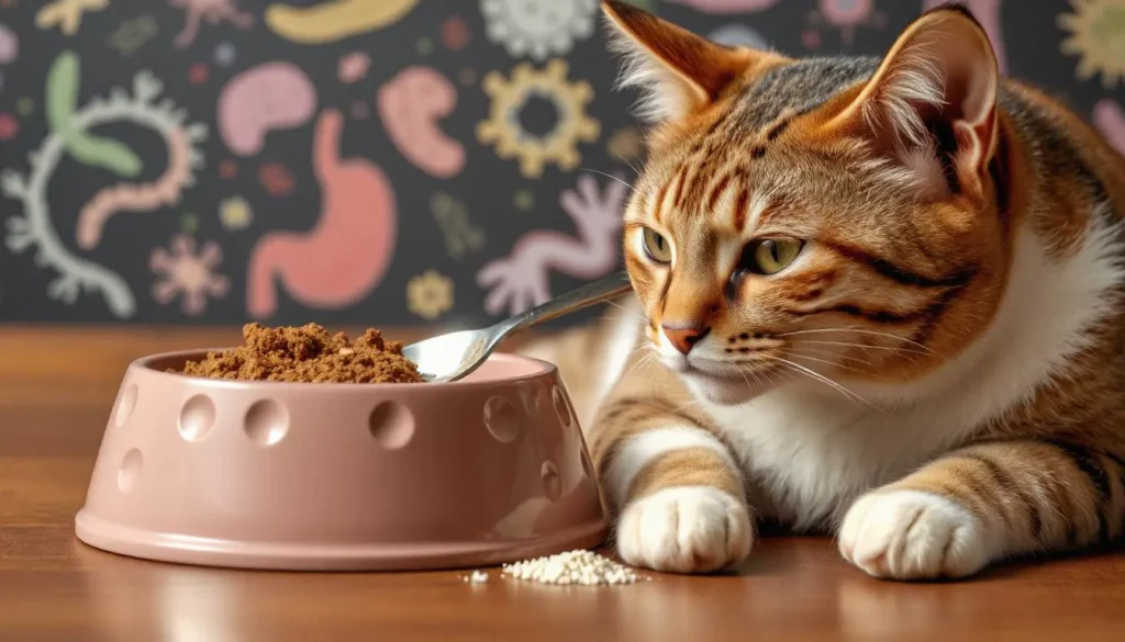 A small spoonful of probiotic powder beside a cat food bowl, representing the benefits of probiotics.