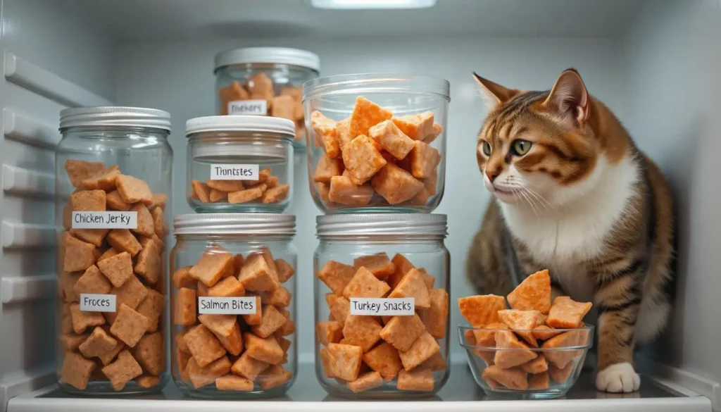 Airtight glass containers filled with chicken jerky, salmon bites, and turkey snacks stored in a refrigerator.