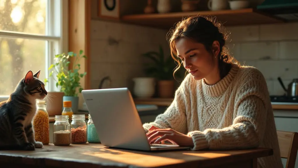 A pet owner consulting a vet online with cat food ingredients on a counter.