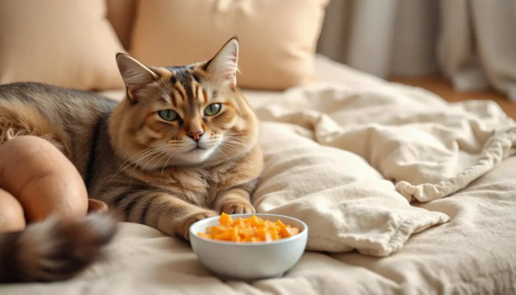 Senior cat resting with a bowl of gentle protein food