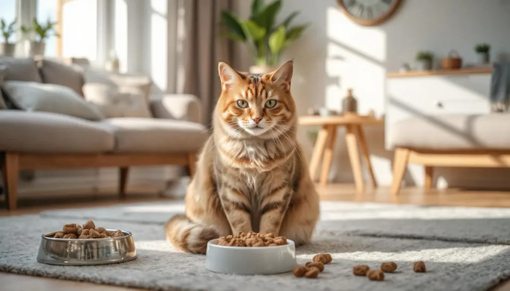 A proud domestic cat sitting near a bowl of healthy weight cat food, surrounded by low-calorie treats and freeze-dried snacks.