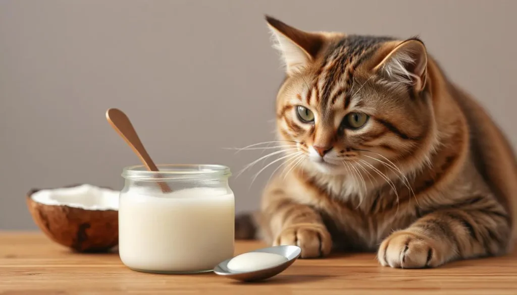 A jar of coconut oil and a teaspoon next to a content cat grooming itself