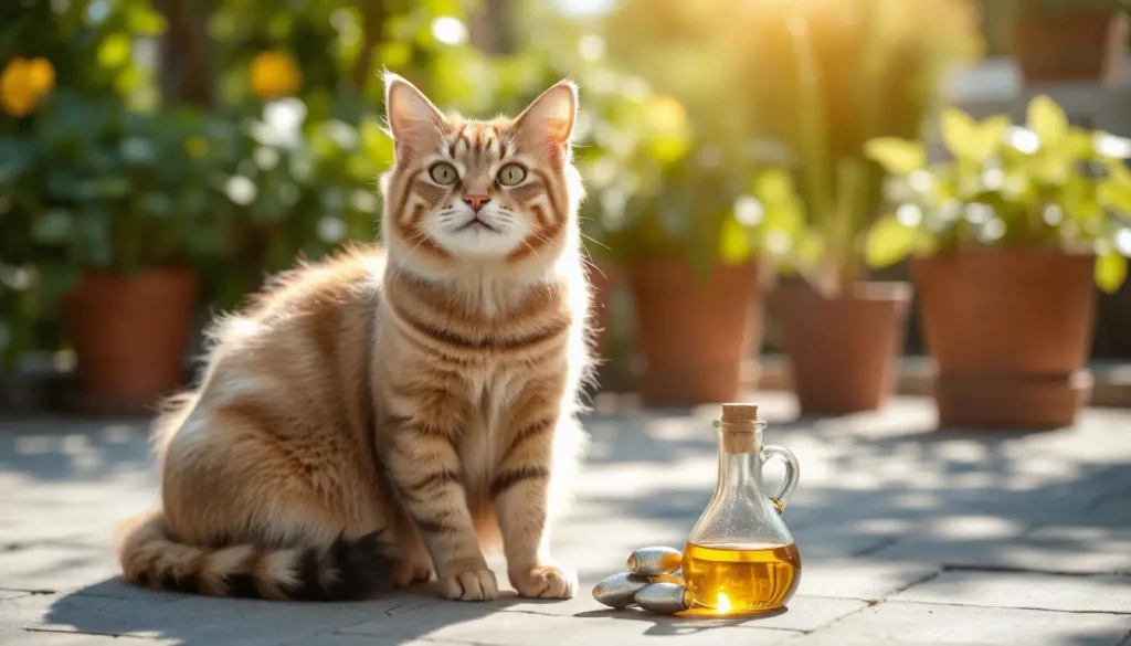 A happy cat with a shiny coat sitting in a sunlit spot, symbolizing the health benefits of Omega 3 fatty acids for cats.