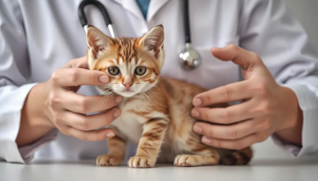 Veterinarian checking kitten’s coat and health during a routine check-up.