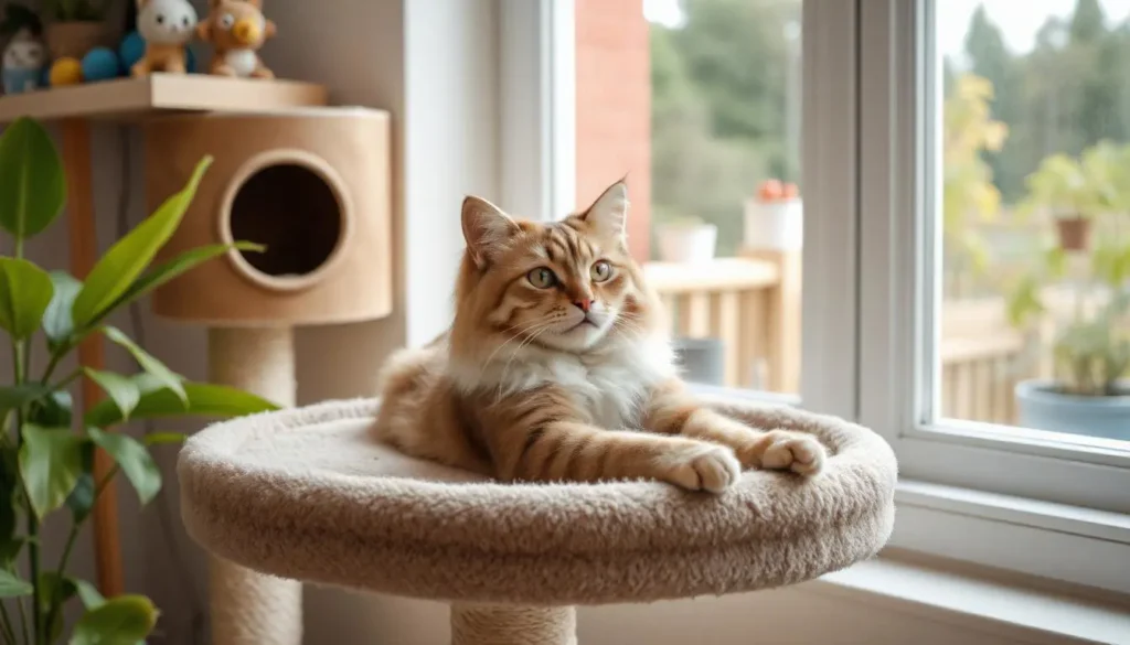 A Balinese cat perched on a cat tree, gazing out a window with curiosity.