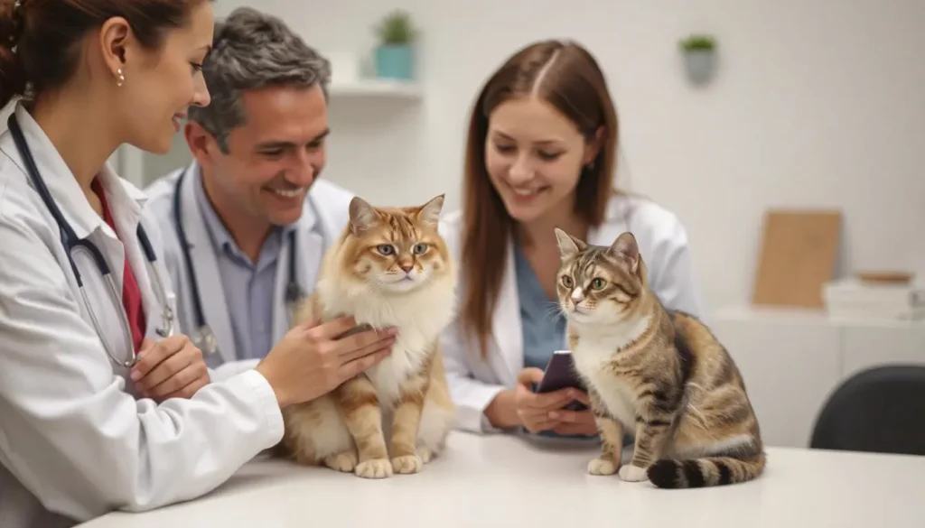 A pet owner consulting with a veterinarian about cat nutrition, with a happy cat beside them.