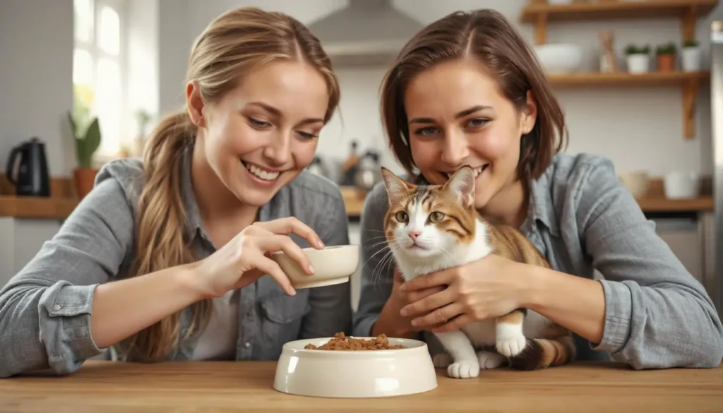 A happy cat owner feeding their cat a bowl of freshly prepared homemade food.