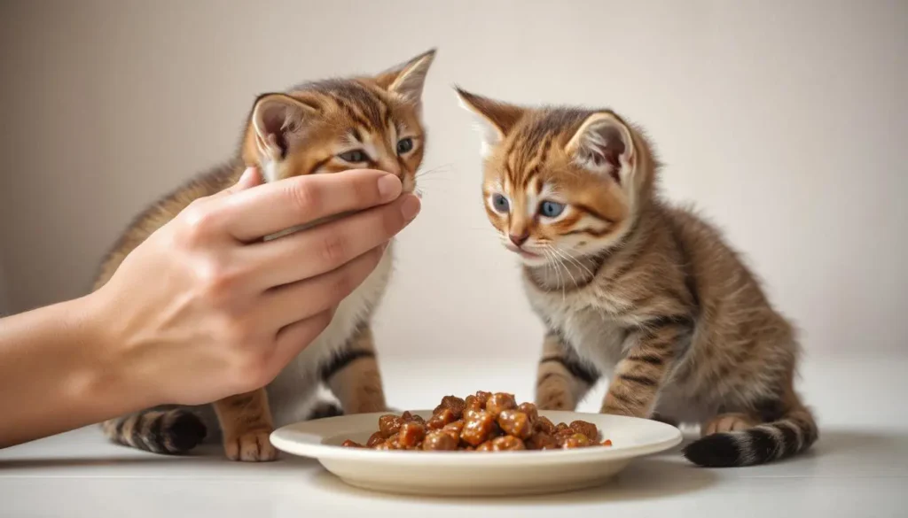 Kitten hesitating to eat raw food, with pet owner gently encouraging it.