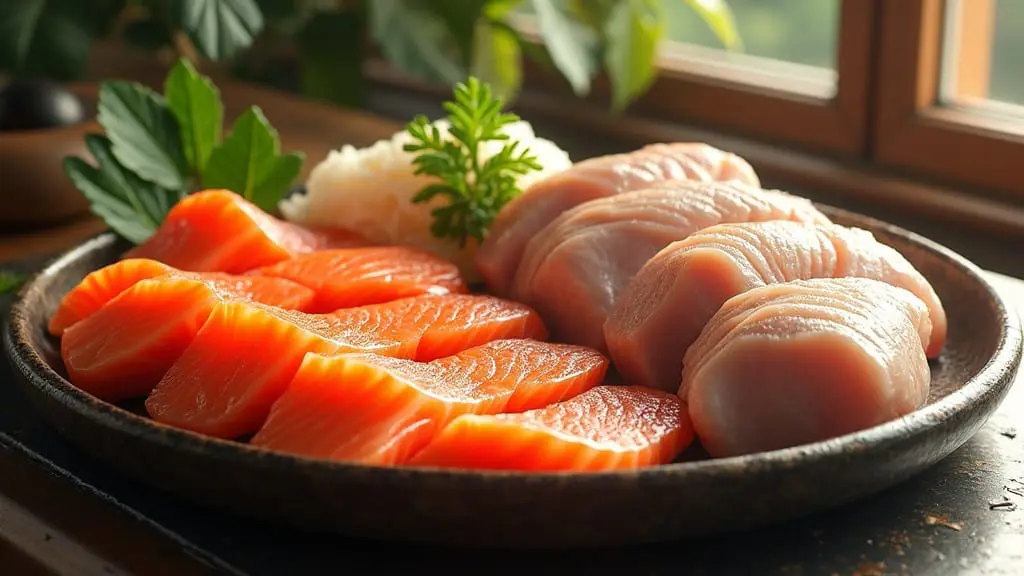 Raw salmon and chicken pieces on a plate, illuminated by natural light.