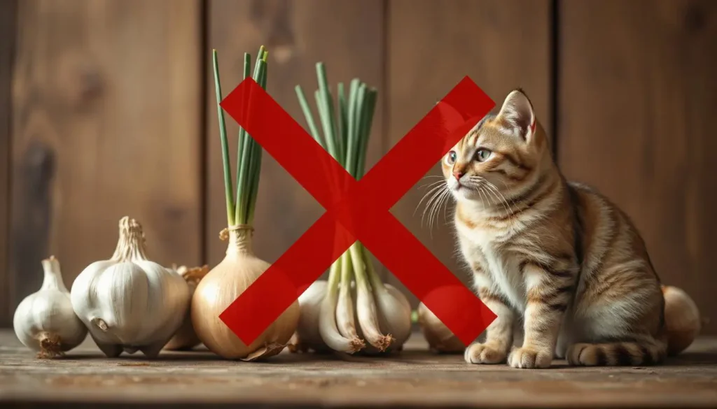 Toxic herbs like garlic, onions, and eucalyptus with a bold red cross over them, with a curious cat sitting safely at a distance.