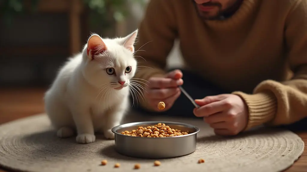 A gradual transition of kibble and raw food mixed in a bowl with a cat curiously inspecting it.