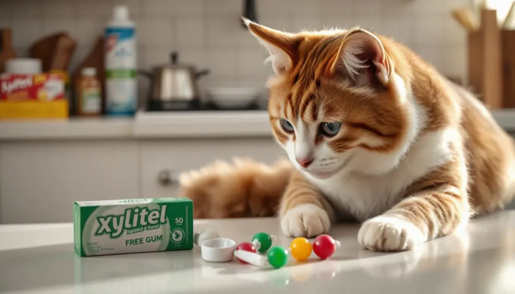 A pack of sugar-free gum and candy on a countertop, with a cat pawing at it, and a bold warning about xylitol toxicity in cats.