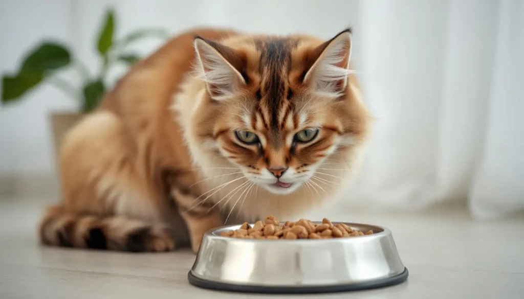 A Balinese cat enjoying a meal from a premium food bowl in a tidy space.