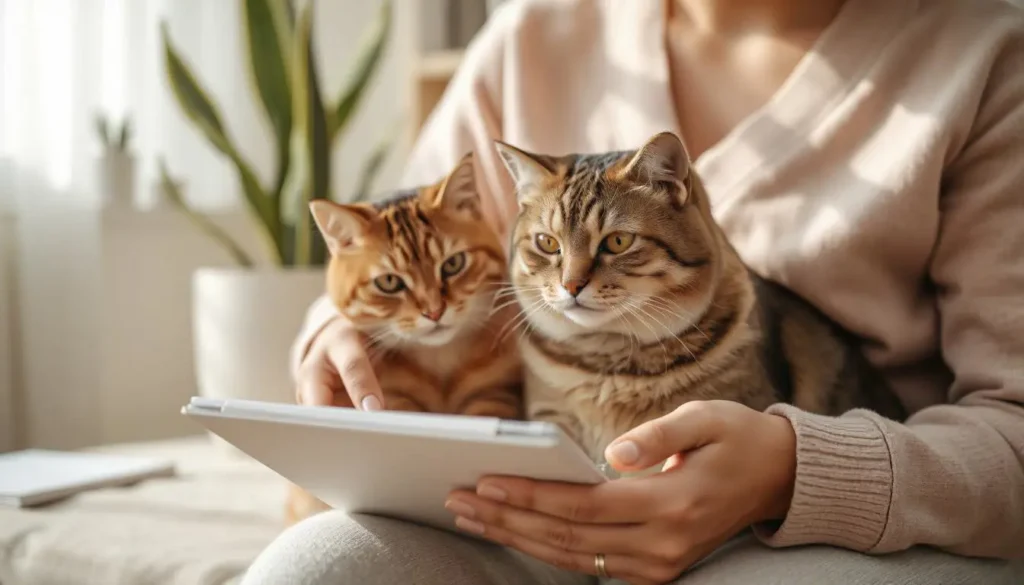 Cat owner petting a healthy cat while holding a notebook with diet observations in a cozy setting.