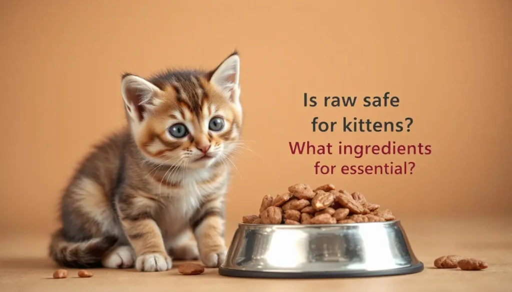 Curious kitten sitting next to raw food, with questions about raw diets in the background.