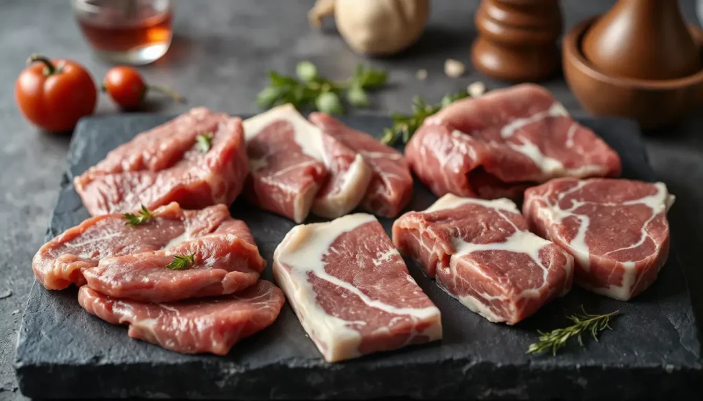 Raw venison and goat pieces on a dark stone platter with the 70%-30% ratio displayed.