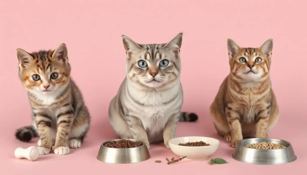 A kitten, senior cat, and healthy adult cat, each surrounded by tailored items like specific food bowls, toys, and safe herbs.