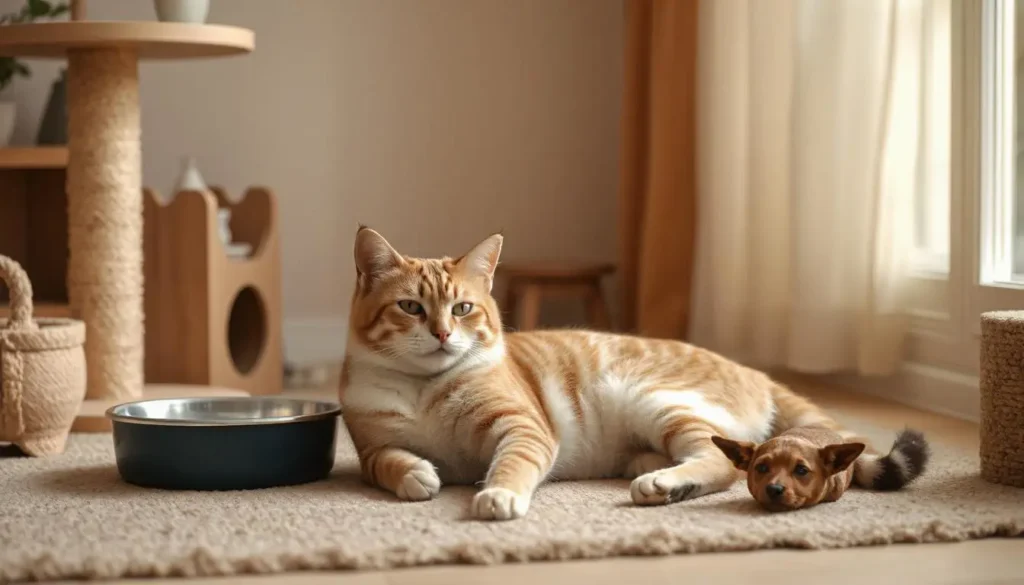 A cat lounging in a stress-free environment with a water bowl, scratching post, and interactive toys.