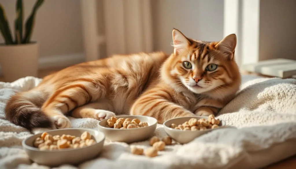 A relaxed cat lying on a cushion, surrounded by small bowls of natural, homemade snacks labeled as the best cat treats healthy, including chicken jerky, salmon bites, and turkey snacks.