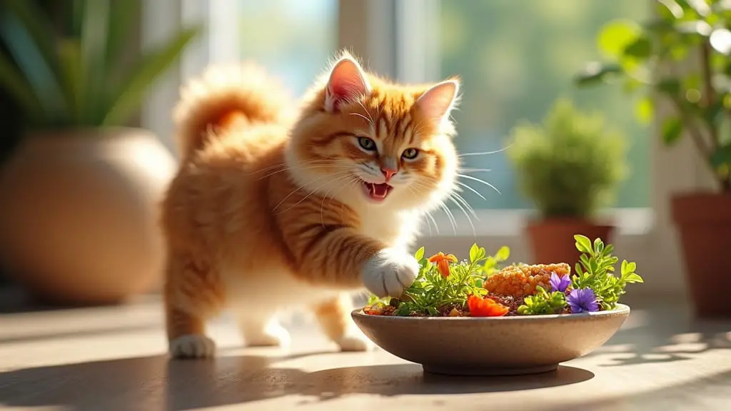 A happy cat playing with a toy in a bright room with a bowl of homemade cat food.