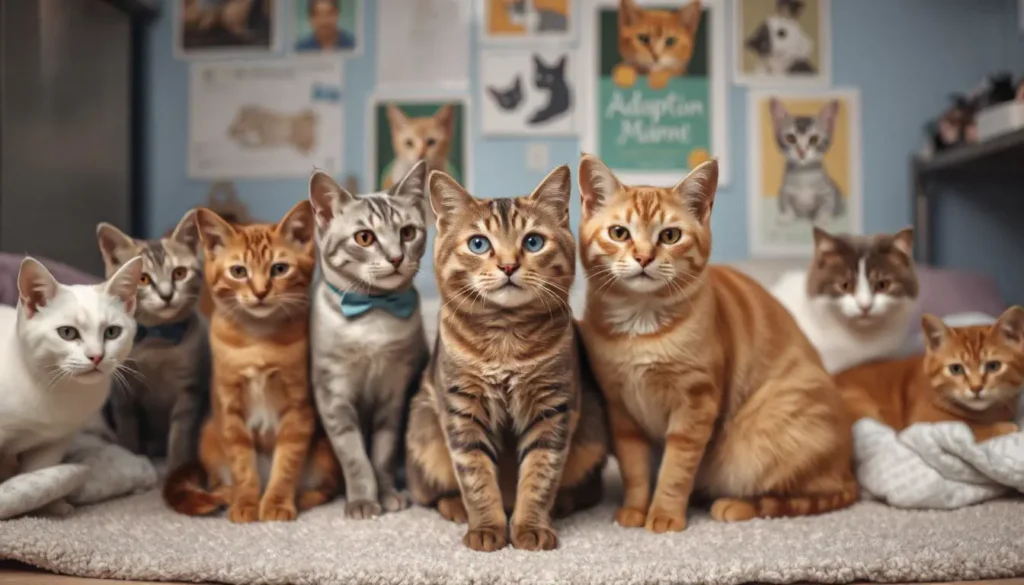 Brown cats in an adoption center surrounded by cats of other colors under soft lighting.