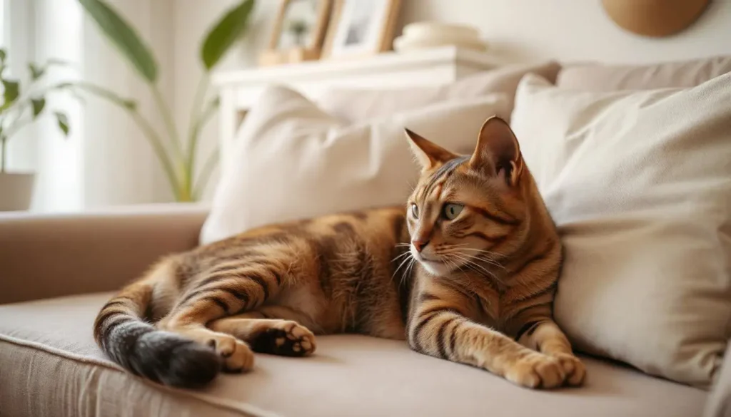 A tortoiseshell cat lounging on a cozy sofa in a warm home setting.