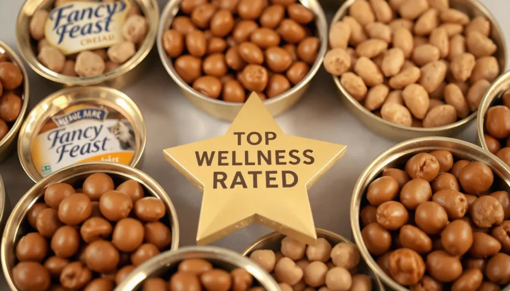 Top-rated brands like Fancy Feast, Sheba, and Wellness CORE, known for their quality and taste.