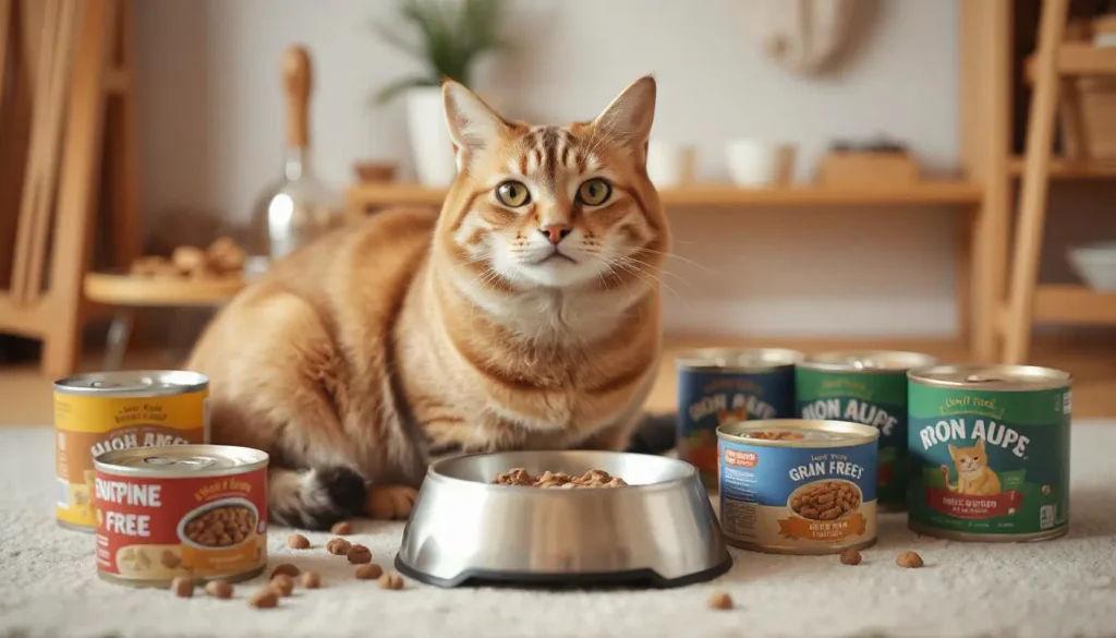 Happy, healthy cat eating high-quality wet food from a bowl, surrounded by various types of canned cat food labeled "High Protein," "Grain-Free," and "Sensitive Stomach."