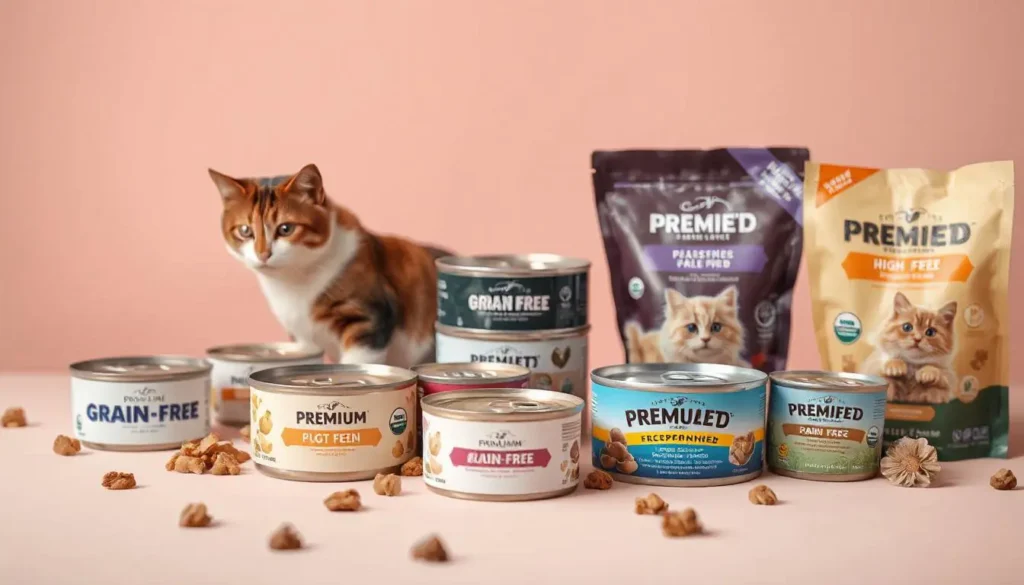 Premium wet cat food options with different textures, flavors, and high-protein ingredients.