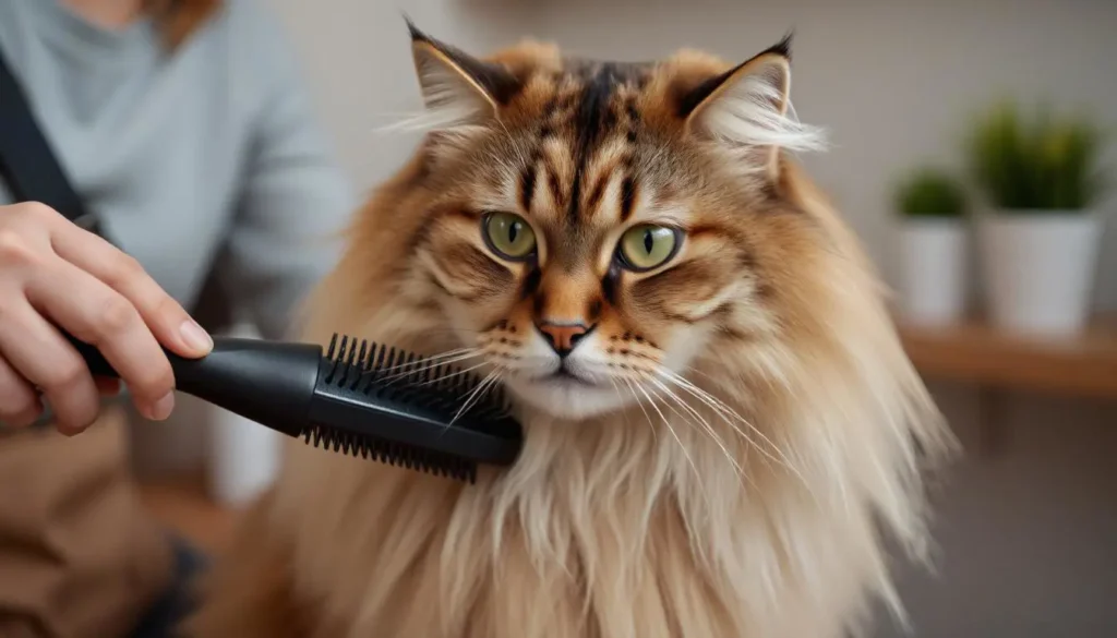 A person grooming a long-haired Siberian cat with a brush in a calm setting.