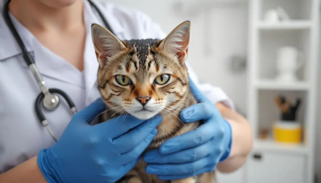 A veterinarian carefully examining a special needs cat with unique facial features in a veterinary clinic.