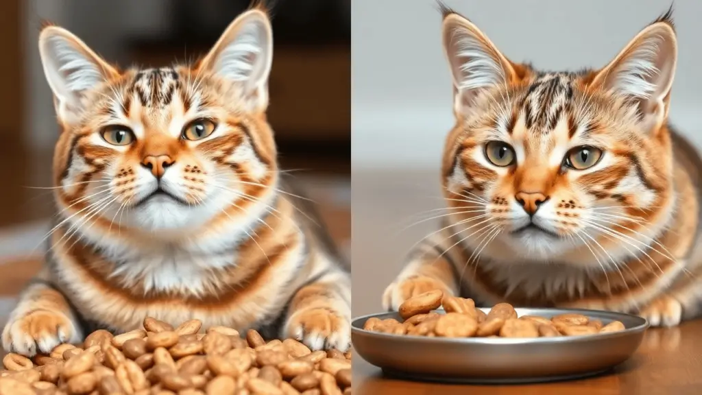 Two healthy cats enjoying Purina Beyond Cat Food kibble on the floor.