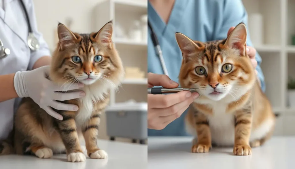 A Maine Coon being examined by a vet and a Japanese Bobtail having its teeth checked in a clean clinic.