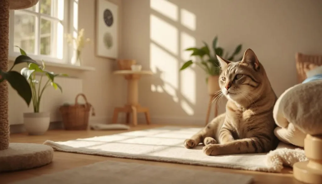 A peaceful corner in a home with soft bedding, accessible food bowls, and calming lighting, perfect for special needs cats