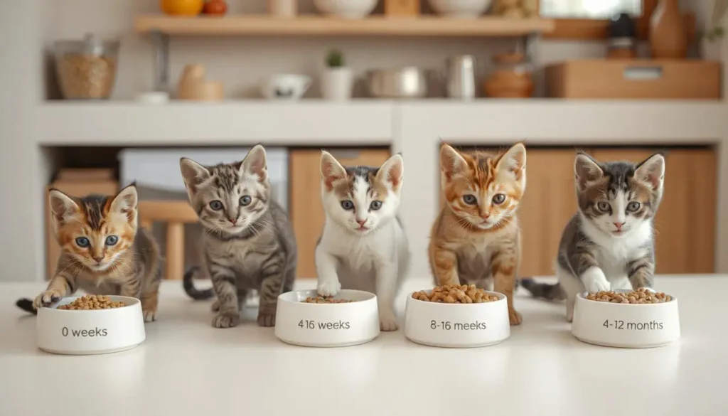 Bowls of kitten food placed next to growth stage labels: 0-4 weeks, 4-8 weeks, 8-16 weeks, and 4-12 months.