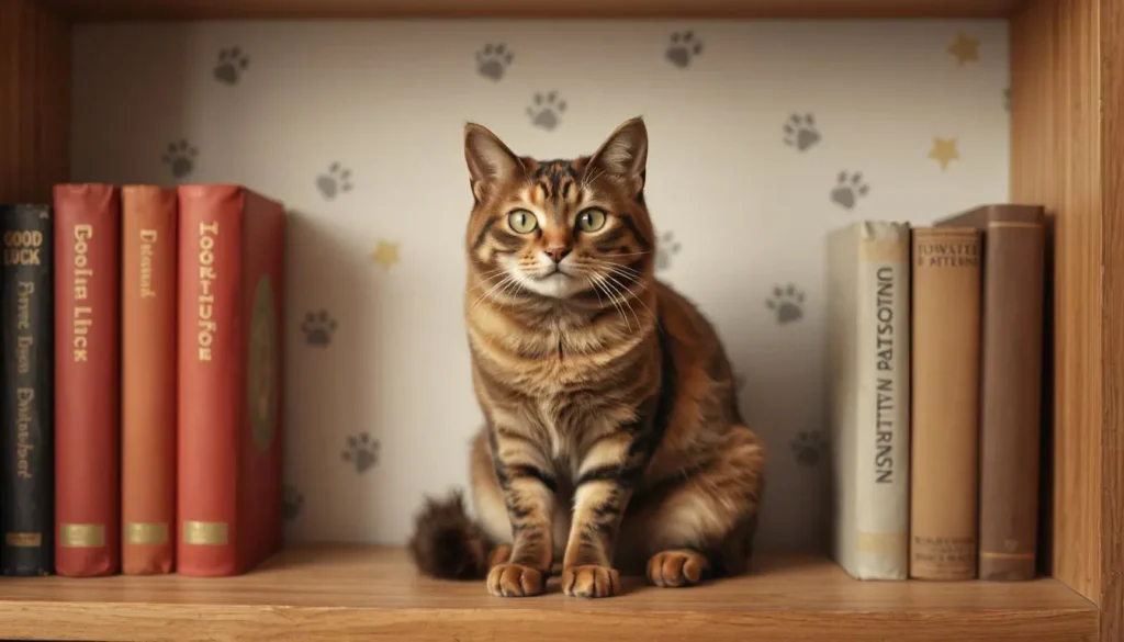 A tortoiseshell cat sitting on a bookshelf with books labeled "Good Luck" and "Tortitude."