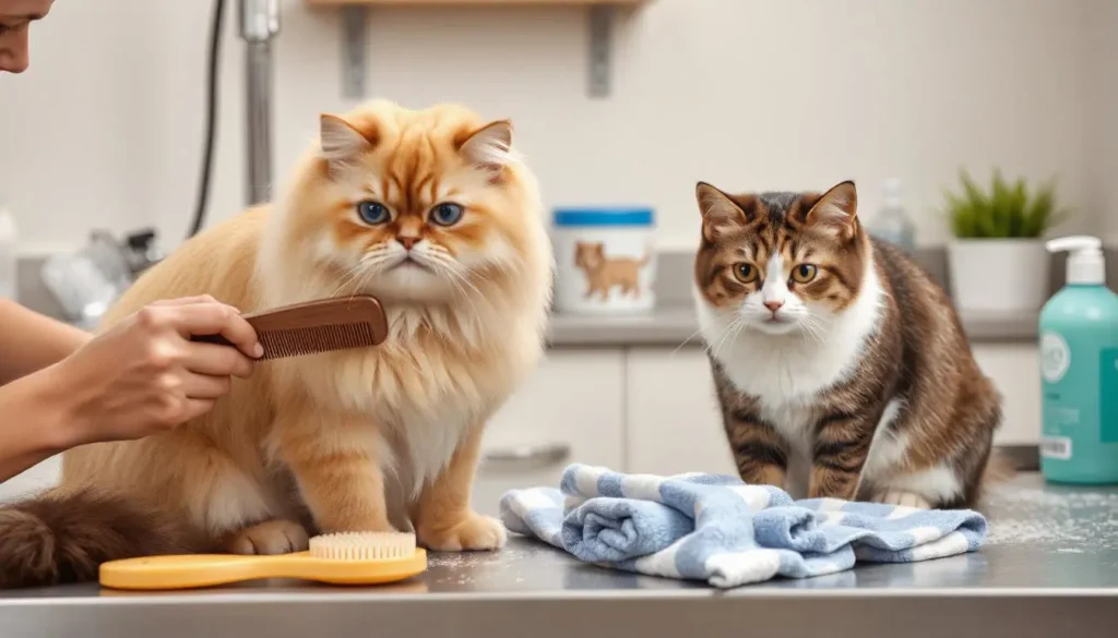 A Persian being brushed and a Japanese Bobtail being cleaned with a soft cloth in a grooming station.