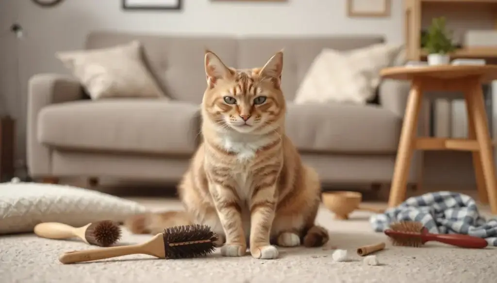 An orange tabby cat sitting on a carpet surrounded by grooming tools, representing the importance of grooming as a hairball remedy for cats.