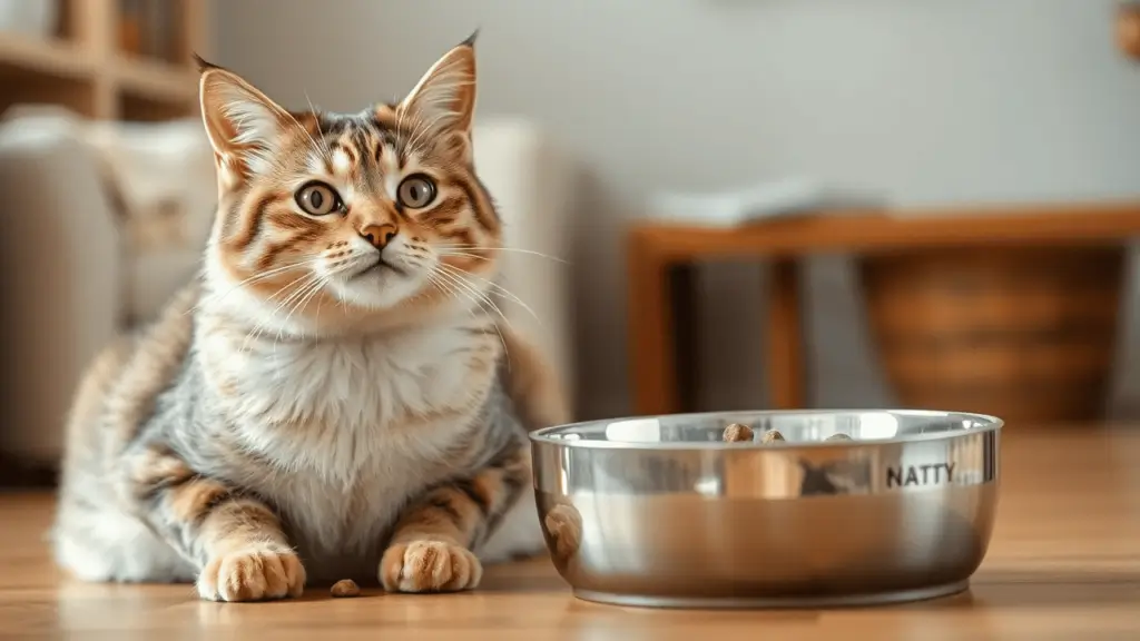 10 Must-Try Nulo Cat Food Varieties for a Healthy, Happy Feline 1 A happy tabby cat sitting next to a bowl of nutritious Nulo cat food on a wooden floor.